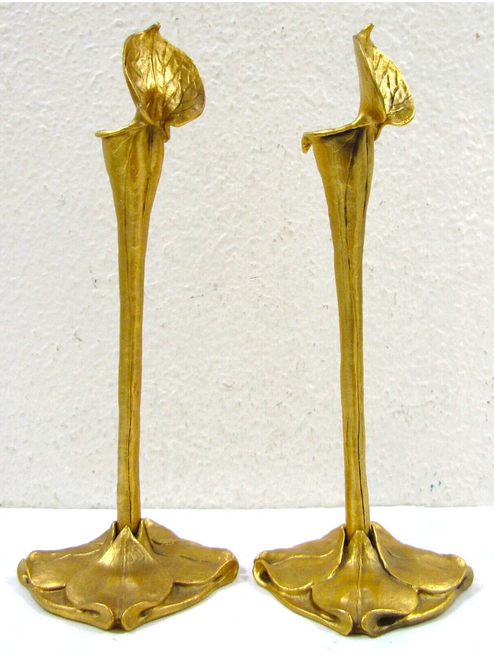 Pair Art Nouveau German Cast Brass Calla Lily Candlesticks attr. Richard Müller